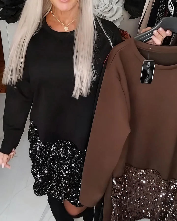 LUMIÈRE | Round Neck Sequin Patchwork Dress