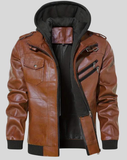 Davor | Hooded Leather Jacket With Double Zipper Closure