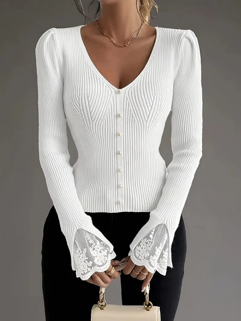 Stephany | Ribbed V-Neck Top with Lace Sleeves