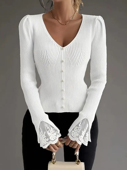 Stephany | Ribbed V-Neck Top with Lace Sleeves