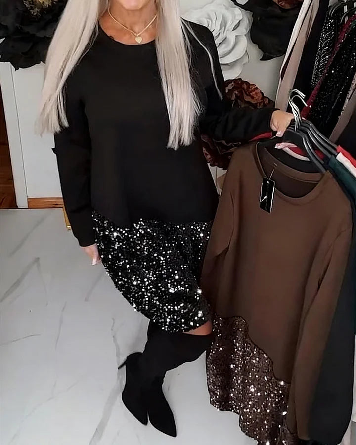 LUMIÈRE | Round Neck Sequin Patchwork Dress