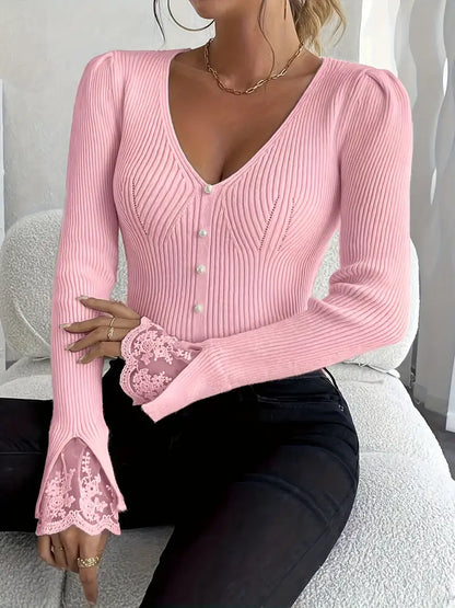 Stephany | Ribbed V-Neck Top with Lace Sleeves