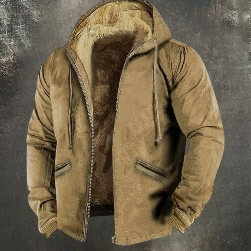 Brown hooded jacket with Carhartt logo on a textured gray background