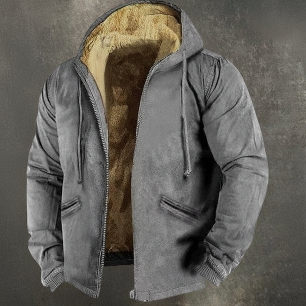 Gray hooded jacket with brown interior lining on a textured gray background