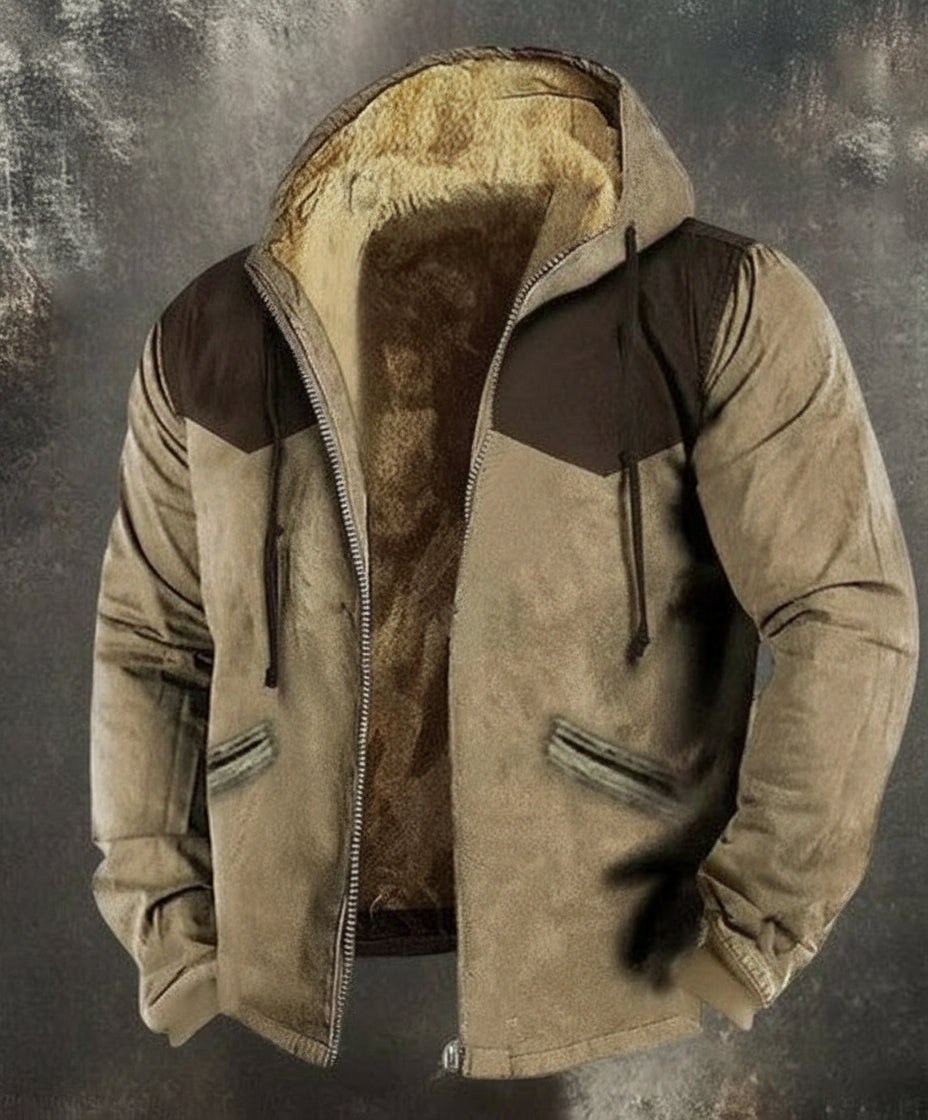 Beige and brown jacket with Carhartt logo on a textured gray background